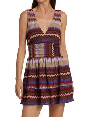 Ramy Brook Laura Metallic Chevron V-Neck Tiered Minidress